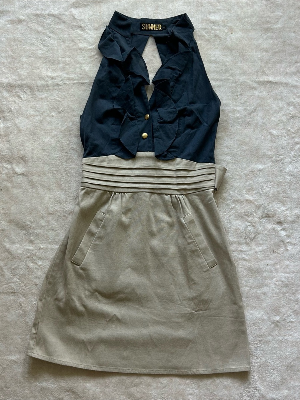 Sunner Ruffle Halter Dress Size 2 Navy Beige Colorblock Belted Mini